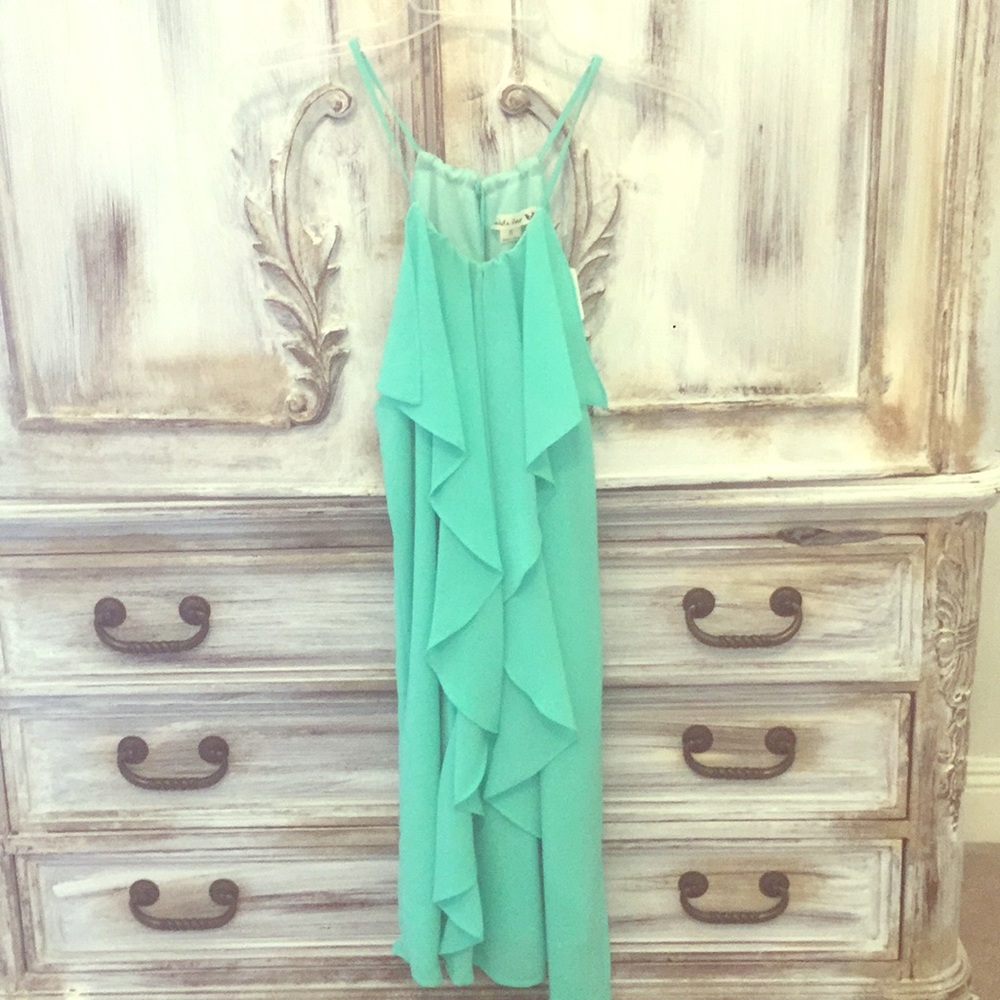 Light teal dress with ruffle front